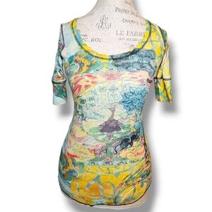 Code Vintage Multicolored Graphic 3/4 Sleeve Ribbed Top - Size Large